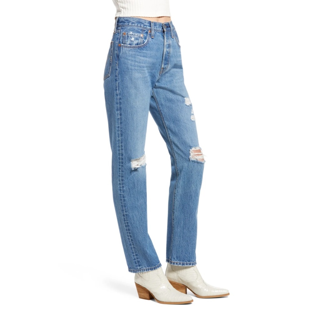 High-Rise Distressed Straight Leg Jeans - Blue - Picture 10 of 14